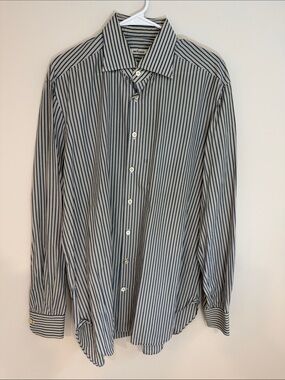 Kiton Navy and White Vertical Stripe Dress Shirt